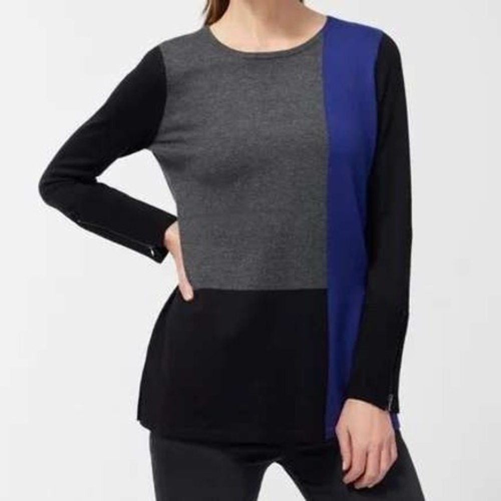 Chicos 2 Colorblock Zipper Cuff Sweater Top Blue Grey Black L 12 Cozy Winter‎